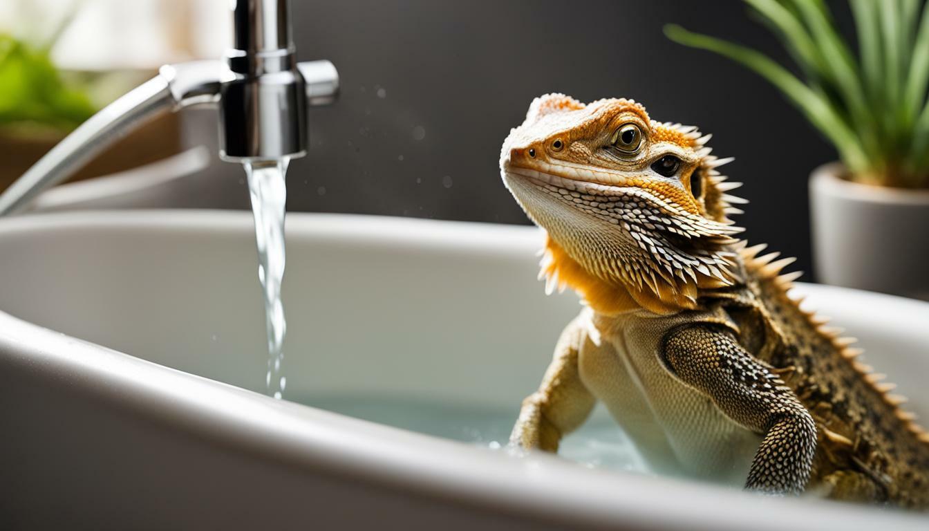 Bearded dragon bathing in tap water.