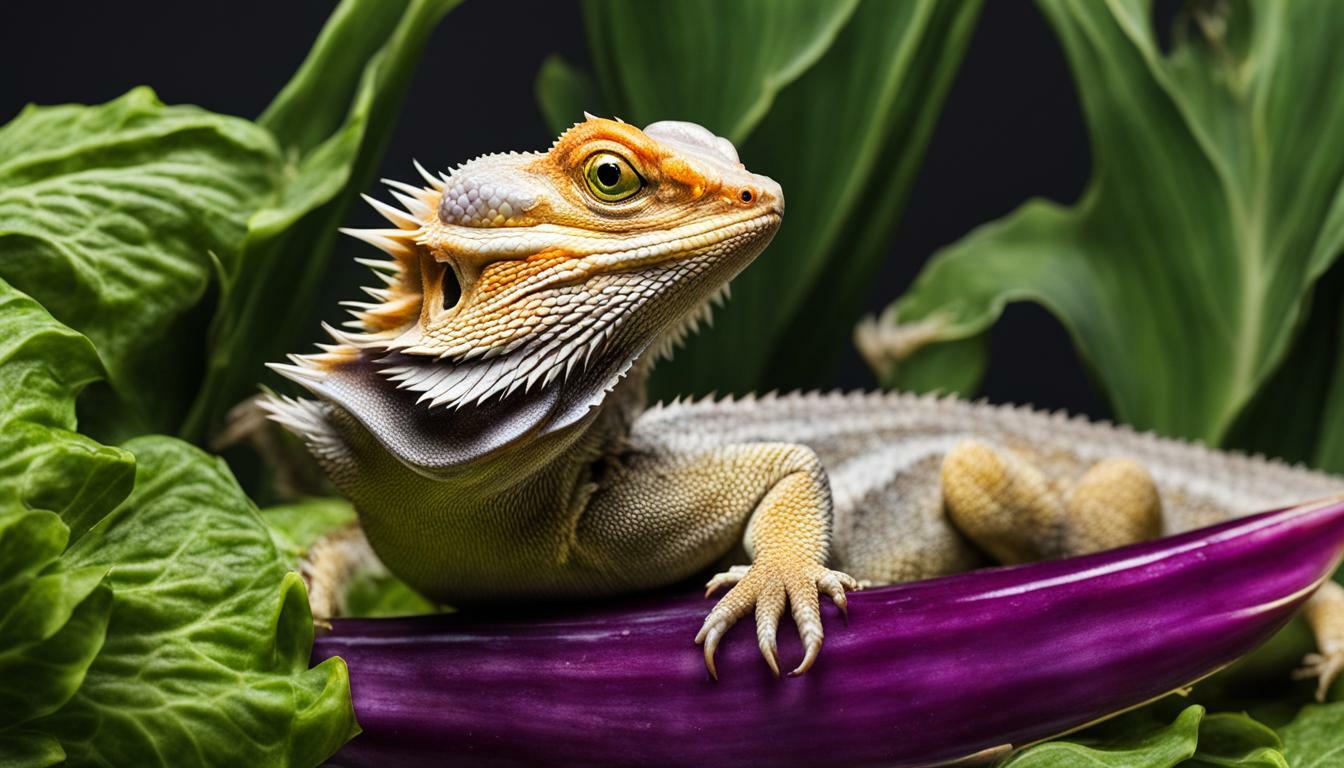 Bearded dragon eating eggplant