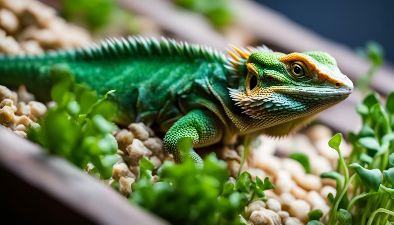 Bearded dragon eating microgreens.