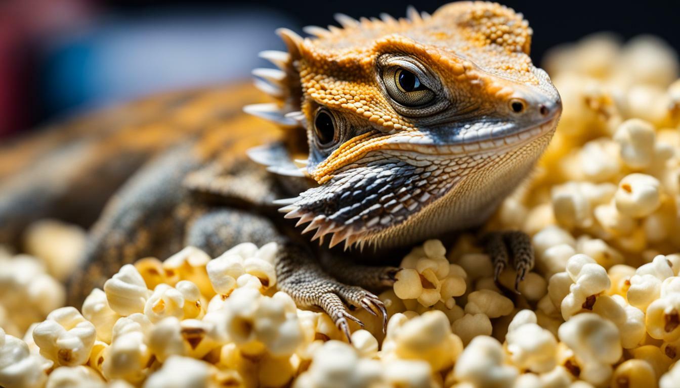 Bearded dragon eating popcorn.