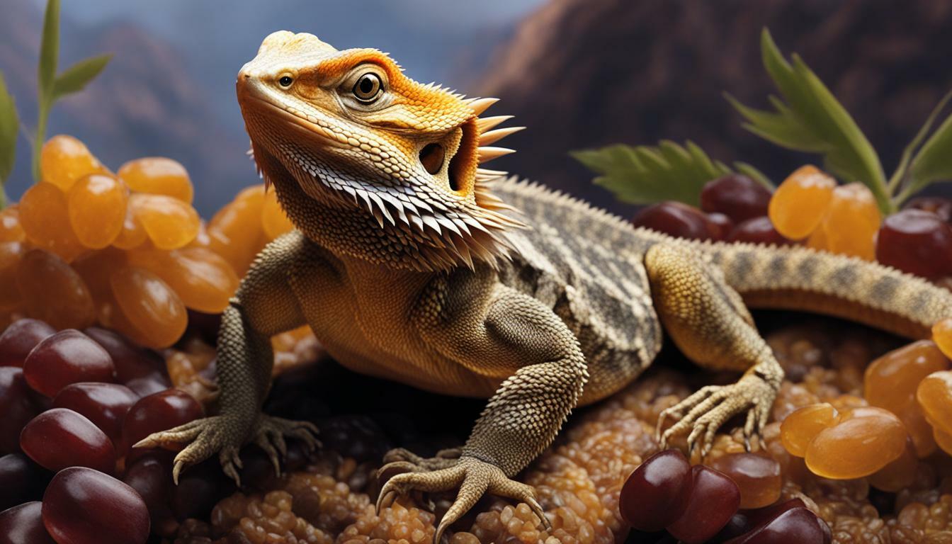 Bearded dragon eating raisin.