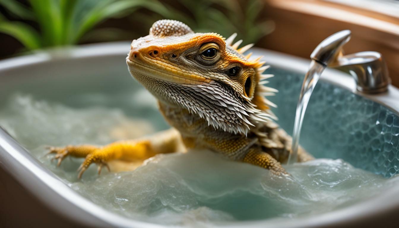bearded dragon bathing in tap water